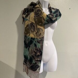 V Fraas Scarf Cashmink Made Germany Dark Floral Blue Gray Long Fringe Soft Warm